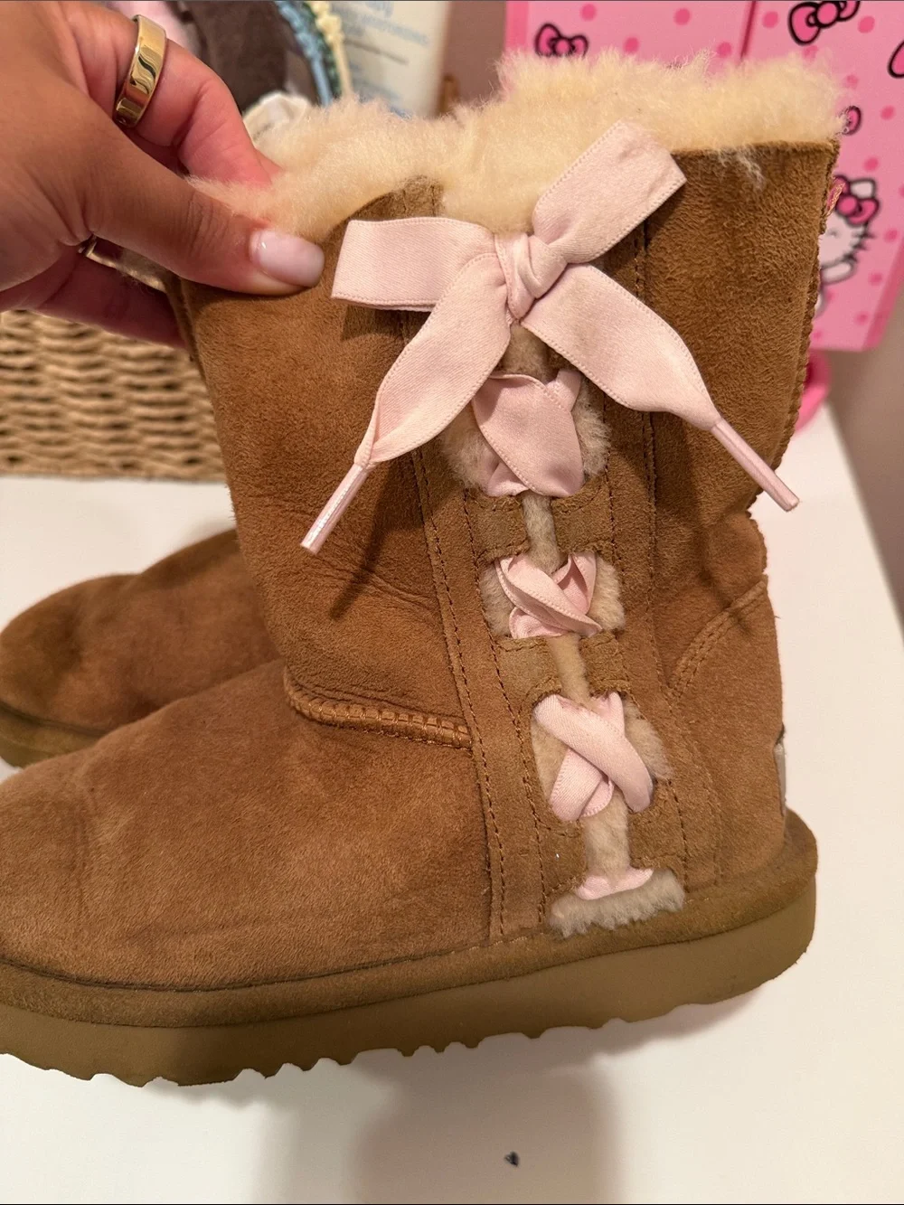 UGG Kids Bailey Bow II Chestnut Sheepskin Boots Size 13